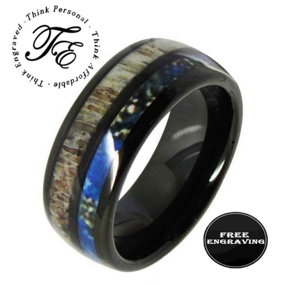 Men's Personalized Deer Antler and Tungsten Ring - Engraved Antler Ring For Men